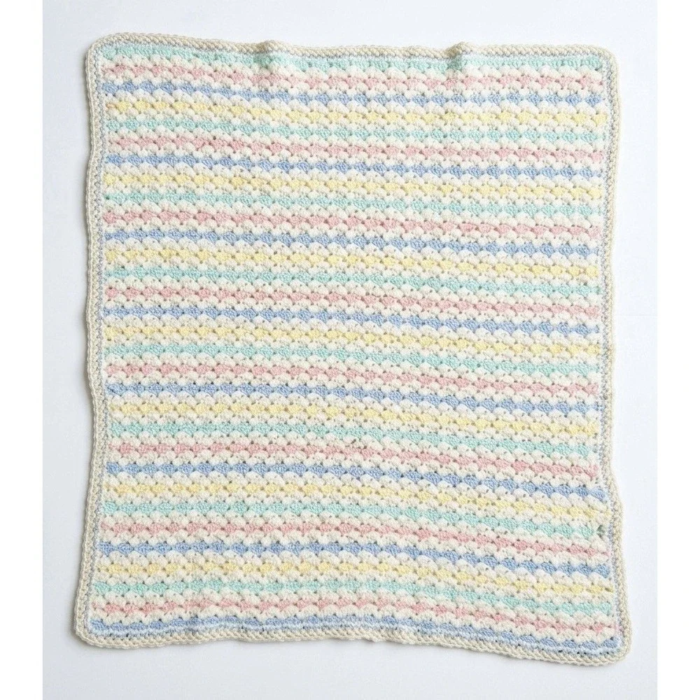 VTG 80s Handmade Crochet Baby Blanket Pastel Rainbow Stripe Shell Stitch Afghan
